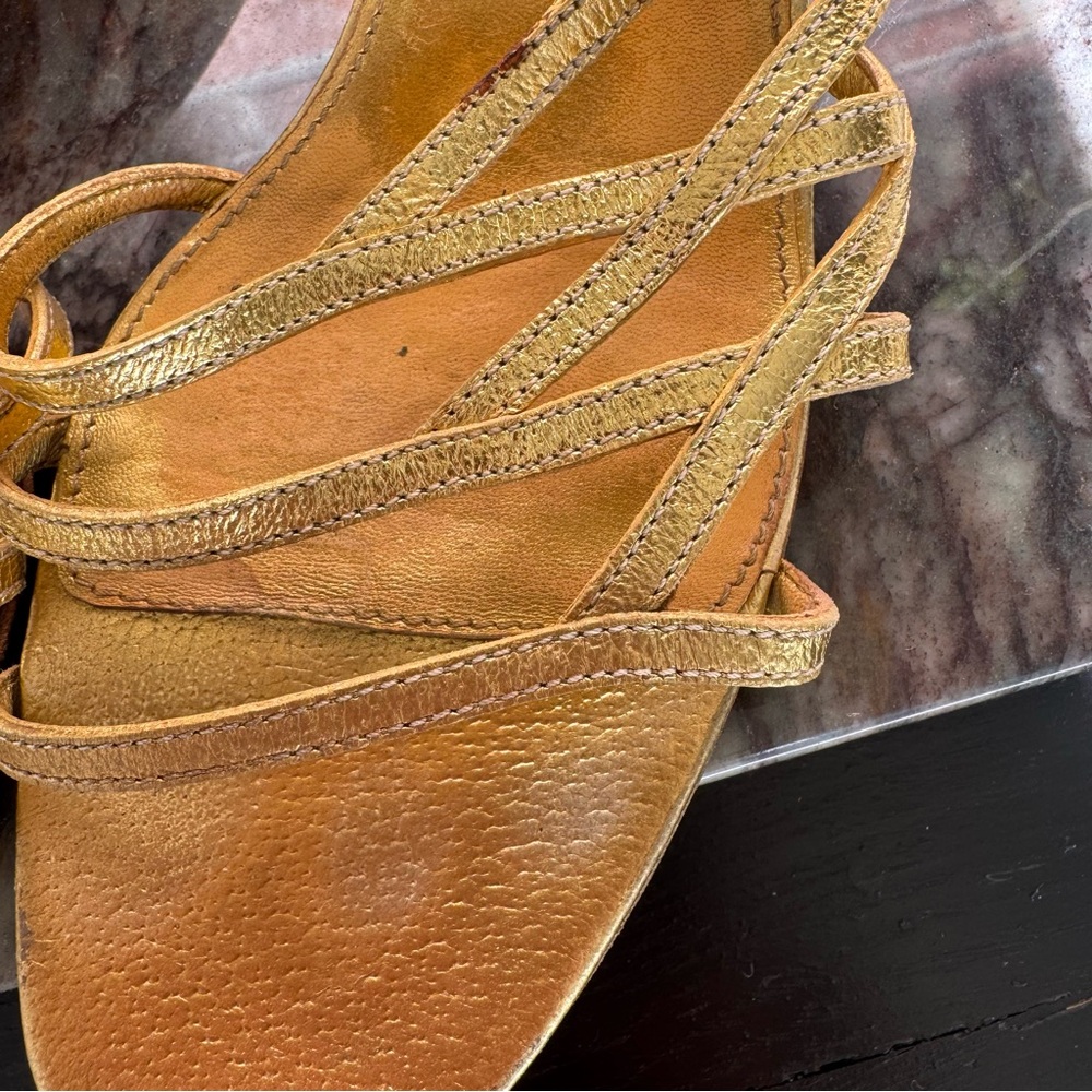 Y2K Vintage Prada Gold Strappy Kitten Heeled Sandals - Picture 2 of 5